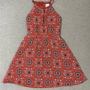 ☔️ Blue Rain Halter Dress~Juniors’ Sz 14~Red/Orange w/ Navy & White Boho Design